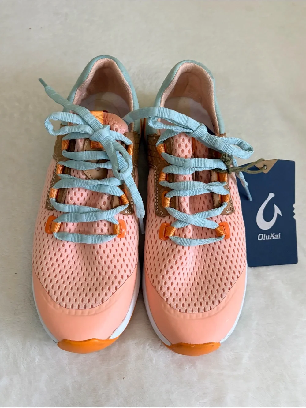 OluKai Kids Mesh Sneakers in Peach, Mint & Tan with Orange Accents Sz 6
